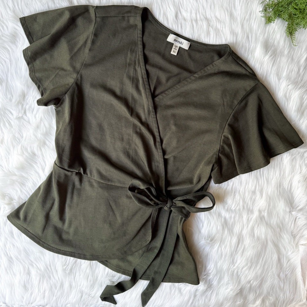 Meraki Wrap V-Neck Top Tie Waist Puff Sleeve Green XL Blouse Anthropologie